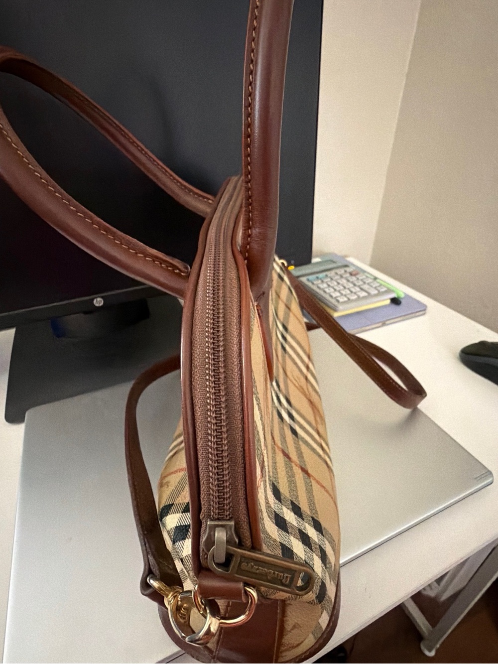 Authentic Burberry Tan Plaid Satchel with Brown Leather Trim - Picture 5 of 5